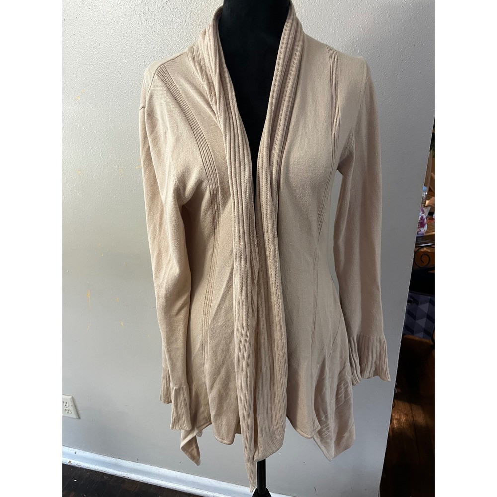 BELLDINI Cardigan Open Front Shawl Collar Womens XL Beige Ruffle Sharkbite Hem